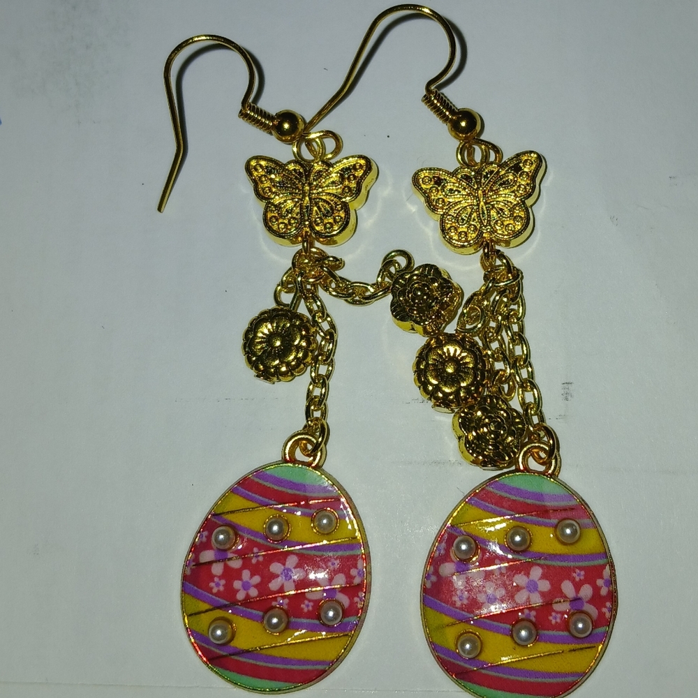 Gold and Pink Butterfly & Easter Egg Dangle Earrings